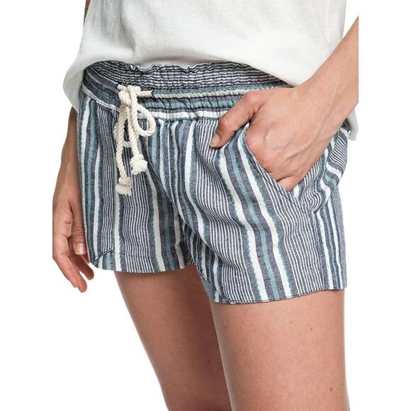 Roxy Oceanside Linen Blend Shorts Size 10 Dress Blues Cherokee Stripe Drawstring - Picture 1 of 11